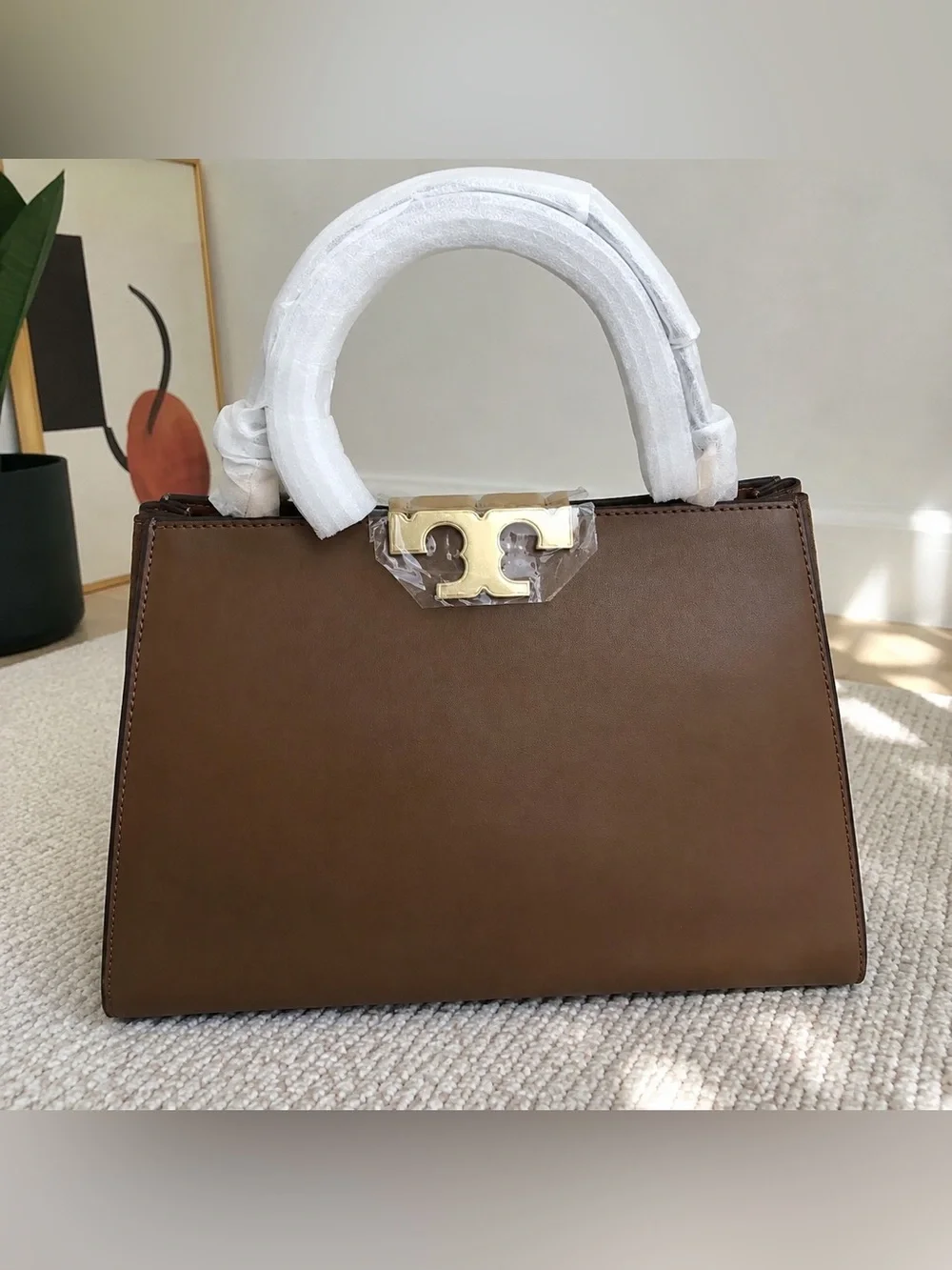 Tory Burch Camel Brown Leather Satchel with Gold Hardware